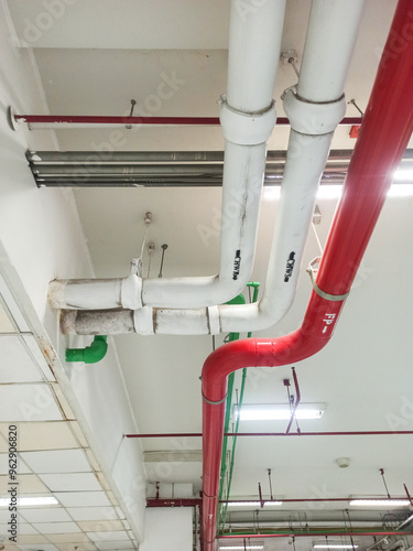 Pipes in a building, closeup of photo with soft focus photo