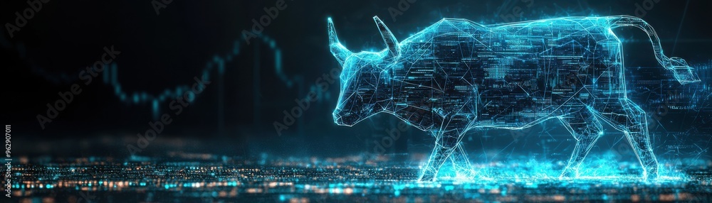 Abstract representation of a digital bull symbolizing growth and strength in finance and investment, illuminated in neon blue. Abstract representation of a digital bull symbolizing growth and strength in finance and investment, illuminated in neon blue.
