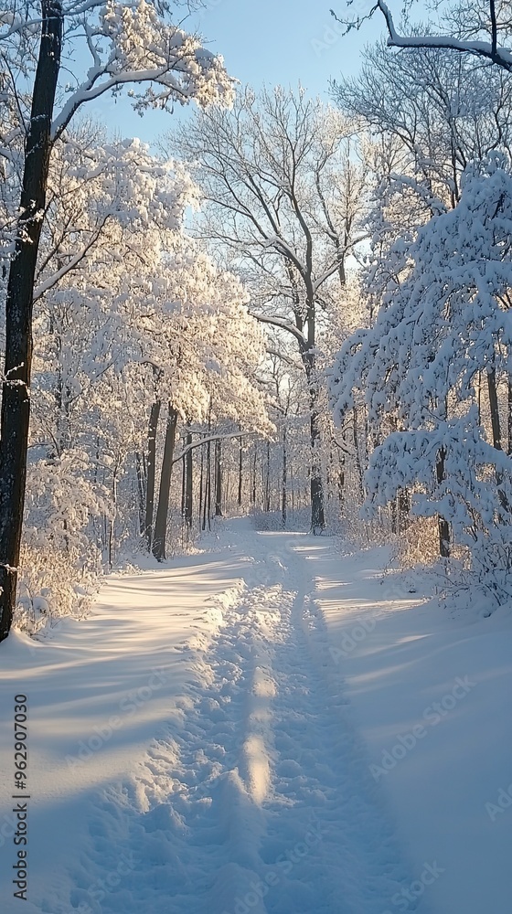 Snow-covered forest under a clear blue sky, with tall pines and firs Snow-covered forest under a clear blue sky, with tall pines and firs
