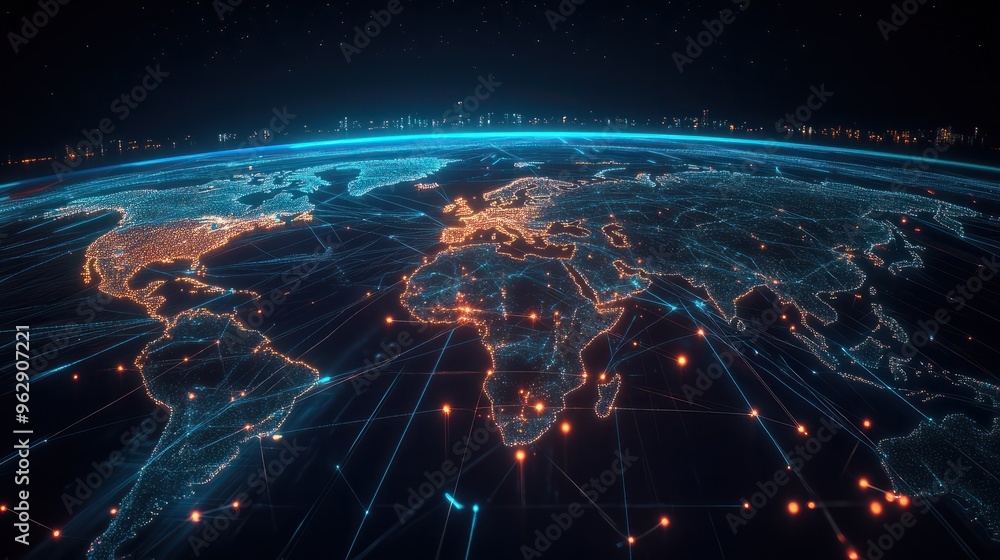 Fototapeta premium Global business network with world map and connecting flight paths