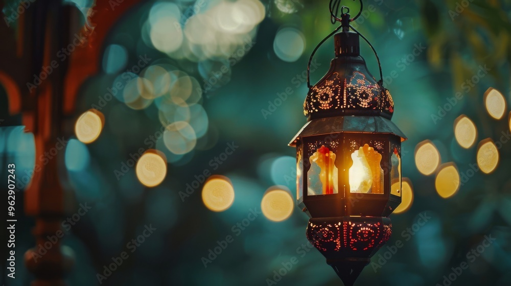 An ornate lantern glowing warmly against a backdrop of twinkling lights, creating a magical, festive ambiance. An ornate lantern glowing warmly against a backdrop of twinkling lights, creating a magical, festive ambiance.