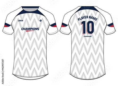 Sports jersey t shirt design flat sketch illustration, Chevron Stripe pattern Raglan Round neck tees football jersey concept with front and back view for Cricket, soccer, Volleyball, Rugby uniform
