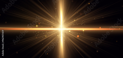 Abstract glowing gold diagonal lighting lines on dark background with lighting effect and sparkle with copy space for text. Luxury design style.