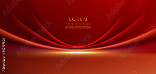 Elegant red stage with red curved shape lighting effect and sparkle. Template premium award design.