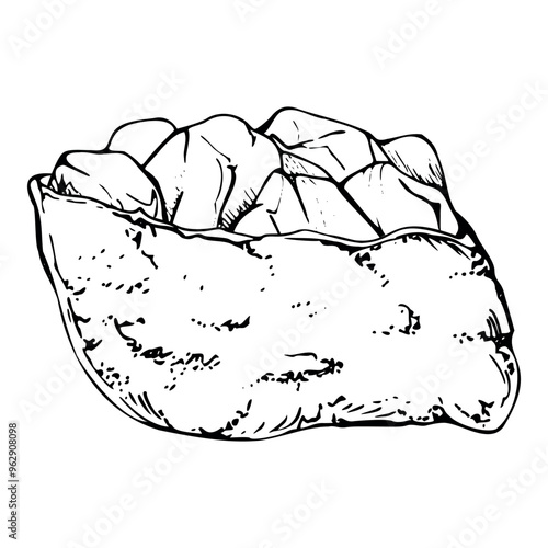 Traditional Japanese food inari sushi tofu wrap pocket, fried soy cheese omelette with raw fish salmon tuna crab. Hand drawn in vector pen, ink. Illustration for restaurant, cafe menu, recipe book