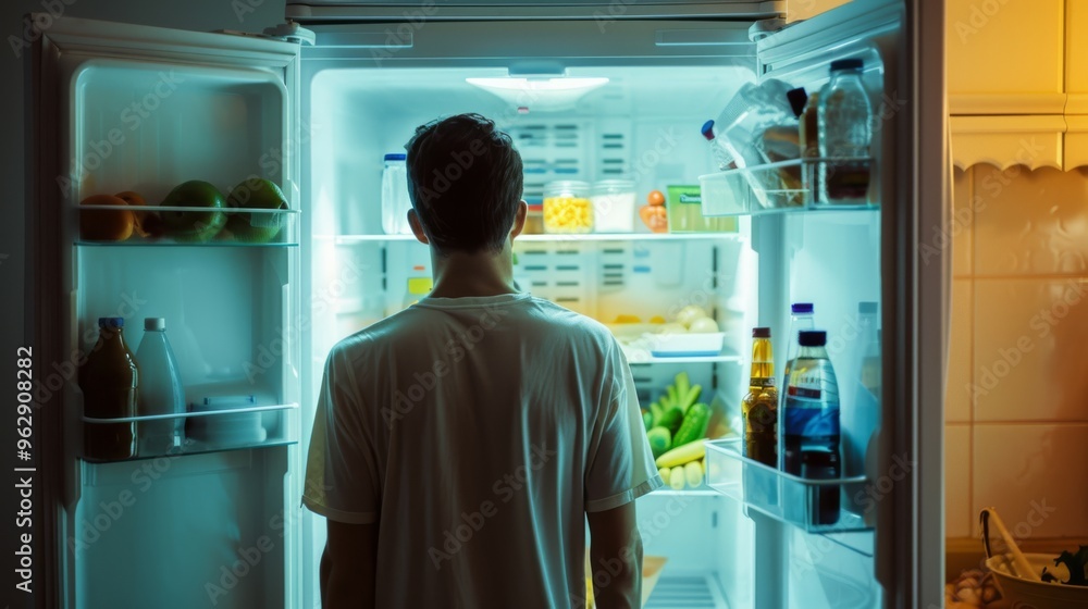 In the glow of an open fridge, a man in a white T-shirt contemplates his options, surrounded by neatly arranged groceries under cool blue lighting. In the glow of an open fridge, a man in a white T-shirt contemplates his options, surrounded by neatly arranged groceries under cool blue lighting.