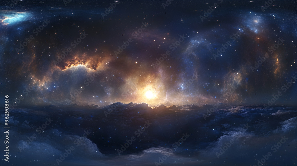 Obraz premium 360 degree equirectangular projection space background with nebula and stars environment map. HDRI spherical panorama , Generative AI 