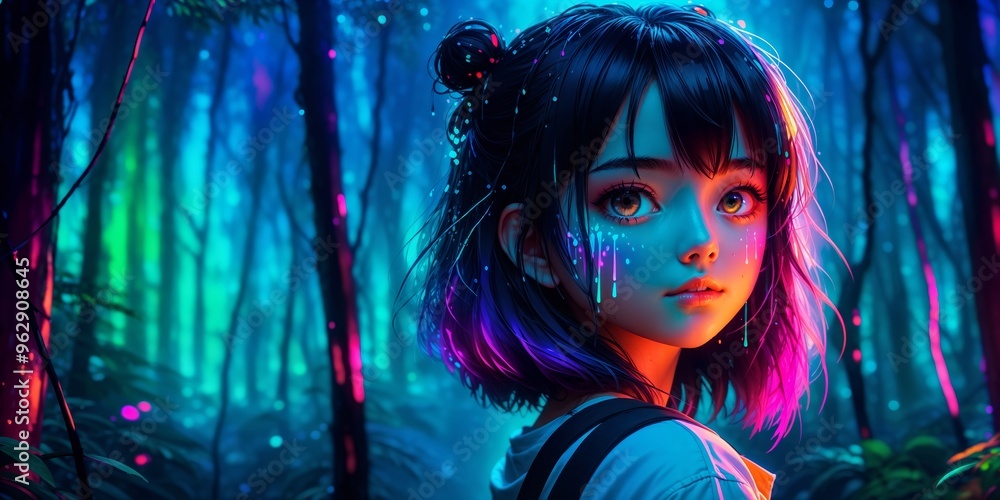A girl with large, anime-style eyes stands in a vibrant neon forest A girl with large, anime-style eyes stands in a vibrant neon forest