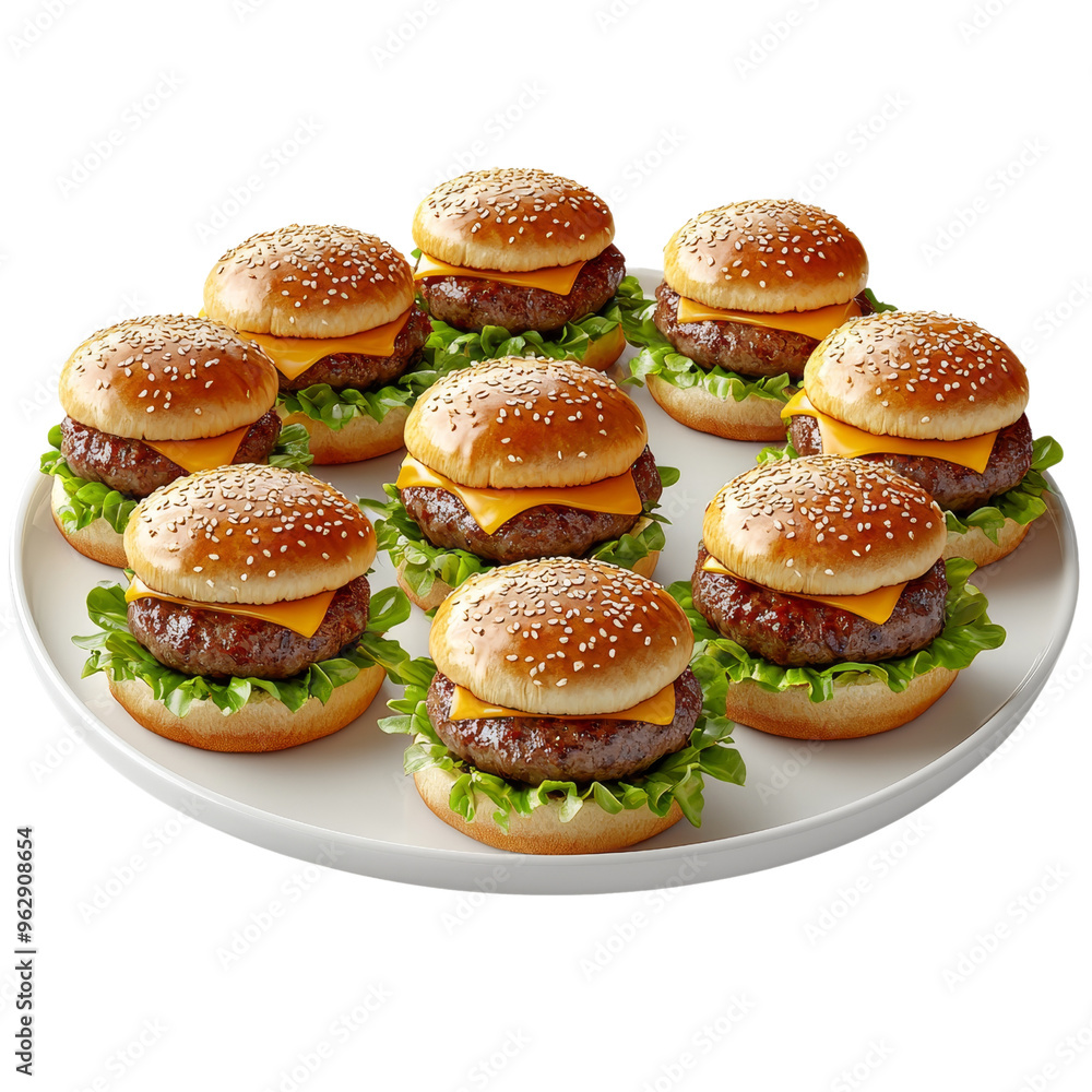 Mini cheeseburger sliders with lettuce and sesame buns on round white plate clipart on transparent background Mini cheeseburger sliders with lettuce and sesame buns on round white plate clipart on transparent background