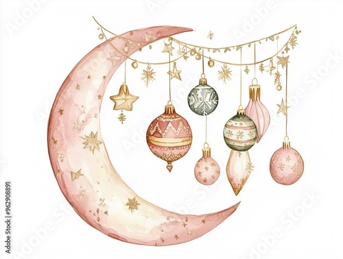 Watercolor Crescent Moon with Hanging Ornaments