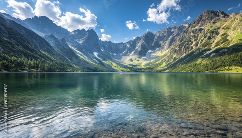 A serene mountain landscape with a clear lake reflecting the surrounding peaks and lush greenery under a blue sky.