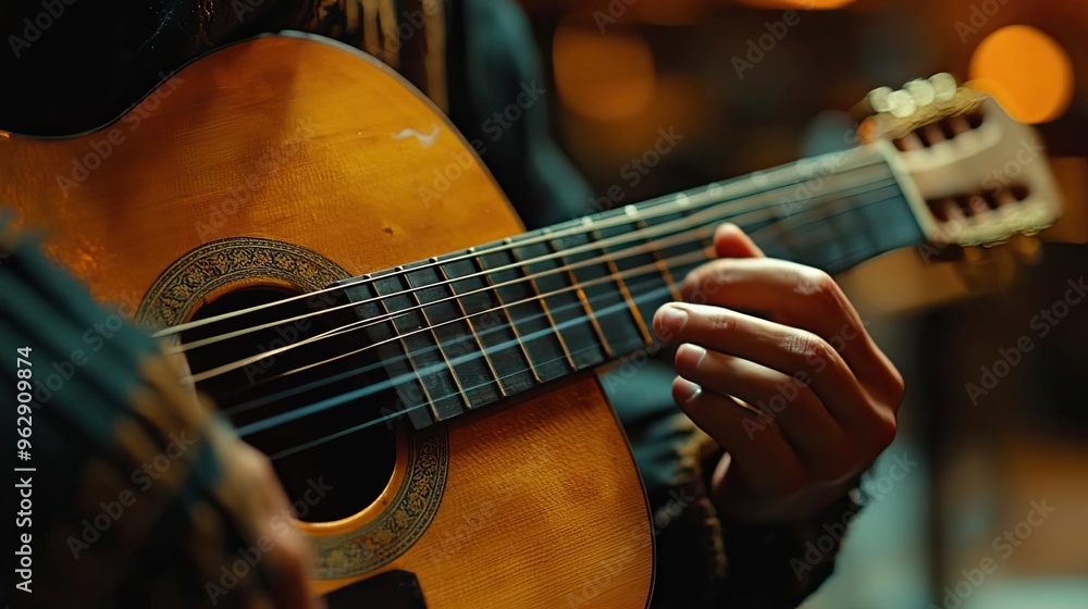 Fototapeta premium A close-up of hands playing a musical instrument, like a guitar or piano, capturing the emotion and skill of the musician