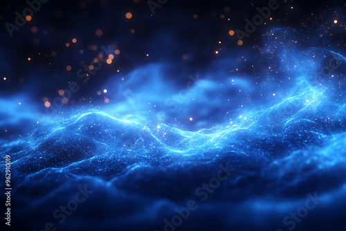 Abstract background with a soft neon blue glow, floating particles, deep smoke, and bokeh effect, creating a serene and dreamy atmosphere. 