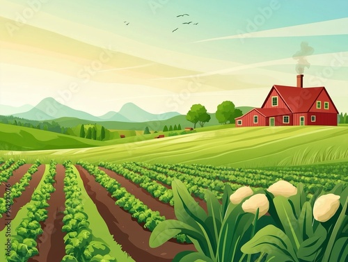 Digital Illustration of Lush Farm Fields