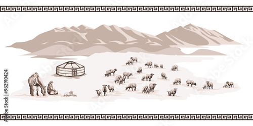 Sketch on the topic of life in Central Asia, nomads life, yurt in the mountains, flock of sheep, vector illustration	
