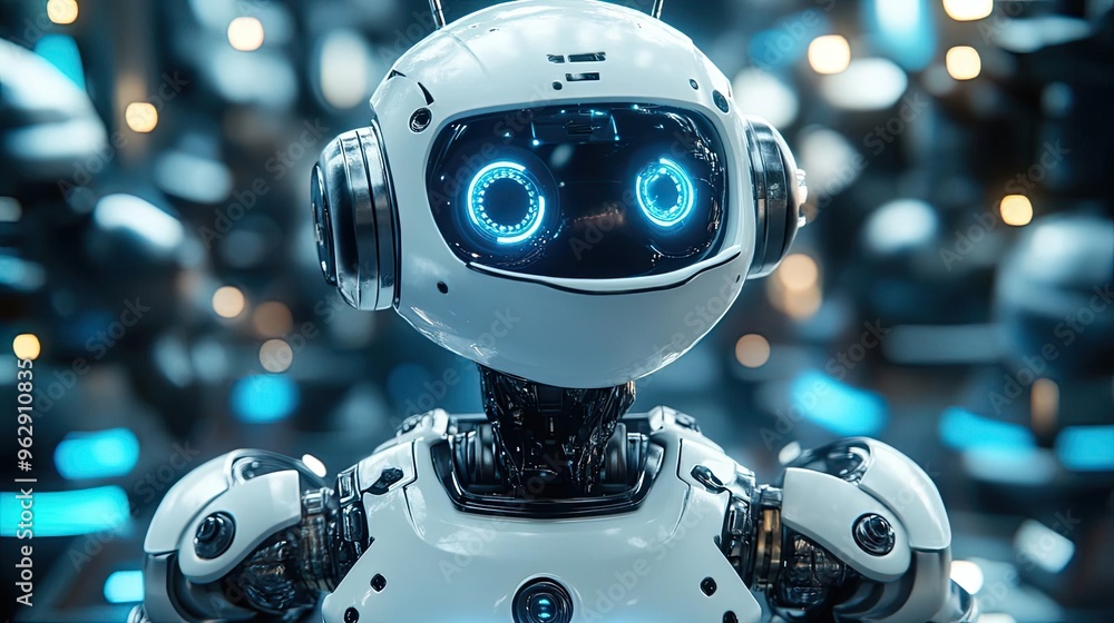 A futuristic robot character with a friendly, expressive face, surrounded by gadgets and mechanical parts A futuristic robot character with a friendly, expressive face, surrounded by gadgets and mechanical parts