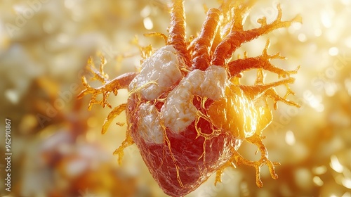 Artistic depiction of a heart with stiff walls showing amyloidosis, textural contrasts, soft lighting, professional medical illustration, 3D render
