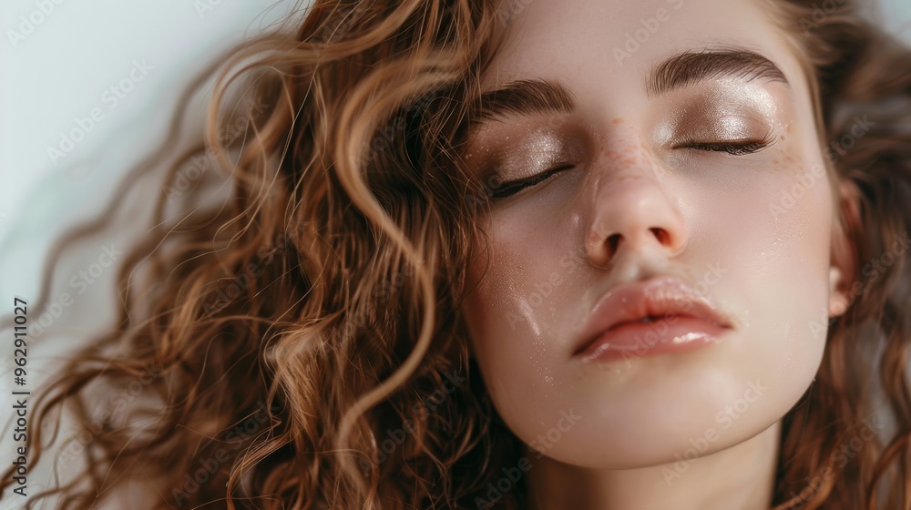 Close-up portrait of a person with eyes closed, delicate makeup, and softly lit skin, exuding a sense of calm and peacefulness, with light playing gently across their features.