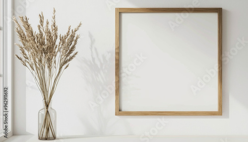 A minimalist interior scene featuring a blank frame and dried plants in a vase, ideal for decoration or inspiration.