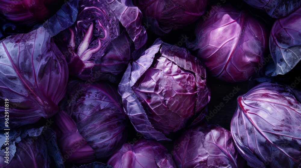 Vibrant and detailed close-up of fresh purple cabbages, showcasing their rich texture and deep colors. Vibrant and detailed close-up of fresh purple cabbages, showcasing their rich texture and deep colors.