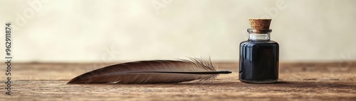 A simple feather quill pen with an ink bottle, symbolizing writing, history, or literature photo