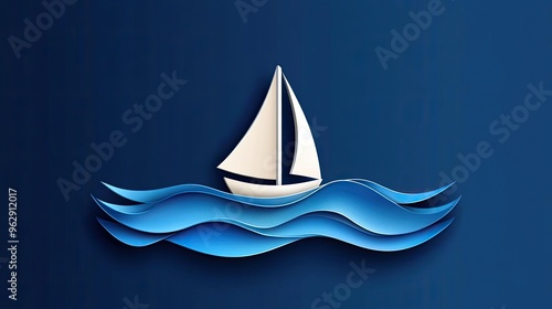 A simple sailboat with a white sail and blue waves underneath, perfect for travel or summer designs photo