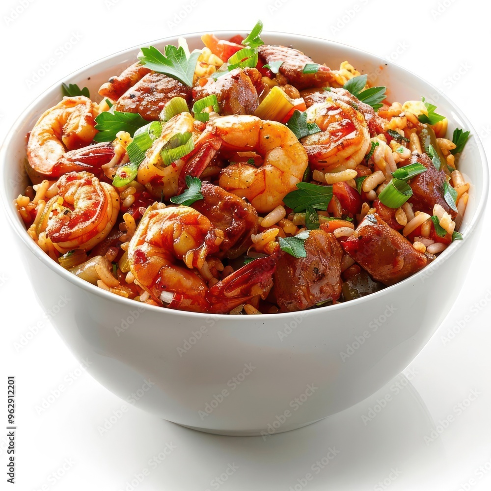 A delicious meal of shrimp, sausage, pasta, rice, and vegetables. A delicious meal of shrimp, sausage, pasta, rice, and vegetables.