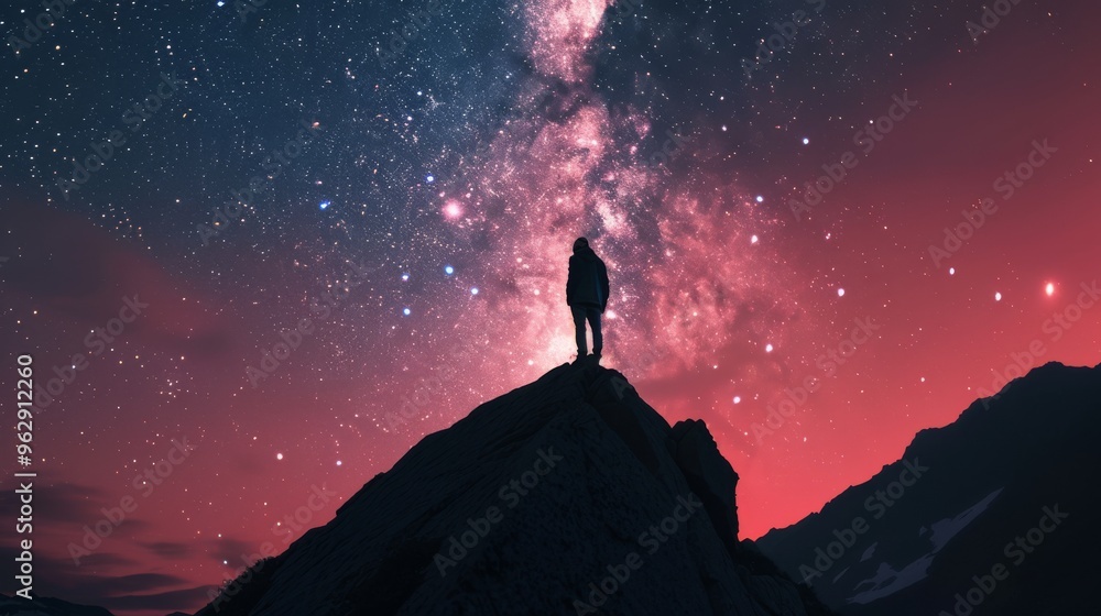 A lone figure stands on a rocky peak beneath the vibrant, star-filled night sky with the Milky Way in full display, evoking a sense of wonder and exploration. A lone figure stands on a rocky peak beneath the vibrant, star-filled night sky with the Milky Way in full display, evoking a sense of wonder and exploration.