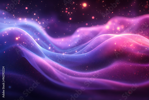 Abstract lines with a soft neon blue and purple glow, floating particles, deep smoke, and bokeh effect, creating a serene and dreamy atmosphere. 