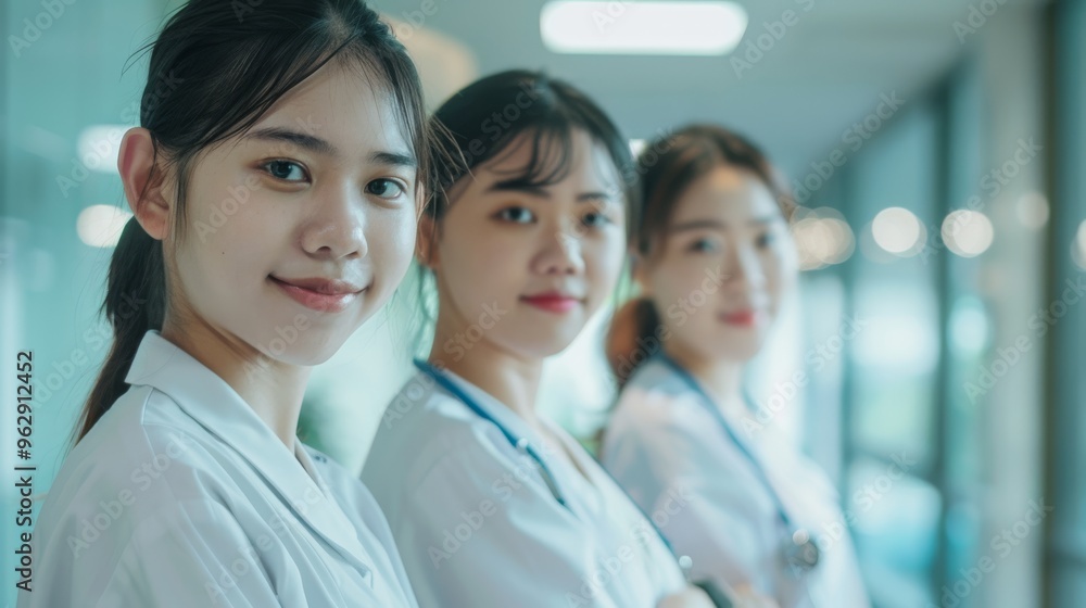 Three young nurses stand confidently in a hospital, exuding professional camaraderie and readiness in their white uniforms. Three young nurses stand confidently in a hospital, exuding professional camaraderie and readiness in their white uniforms.