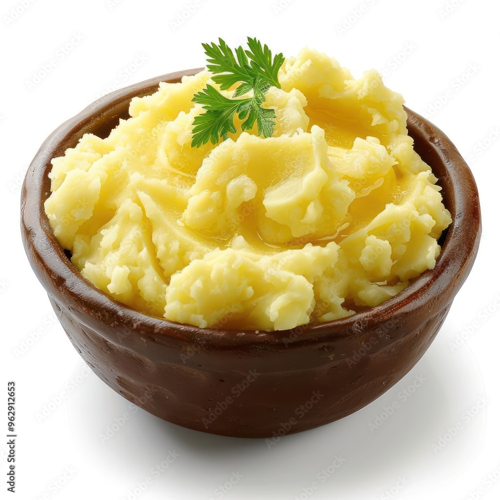 Bowl of mashed potatoes with a pickle garnish on top, indicating it's ready to be served. Bowl of mashed potatoes with a pickle garnish on top, indicating it's ready to be served.