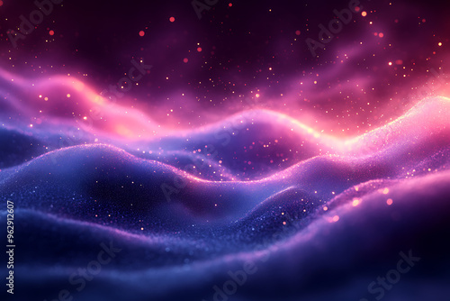 Abstract lines with a soft neon blue and purple glow, floating particles, deep smoke, and bokeh effect, creating a serene and dreamy atmosphere. 