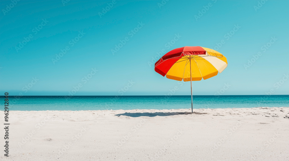 A vibrant beach umbrella standing tall on a sandy shore, offering shade and comfort under the warm summer sun. A vibrant beach umbrella standing tall on a sandy shore, offering shade and comfort under the warm summer sun.