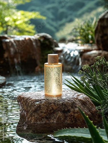 Studio shot highlighting the product on a stone, surrounded by the natural beauty of aloe vera and the gentle flow of water. photo