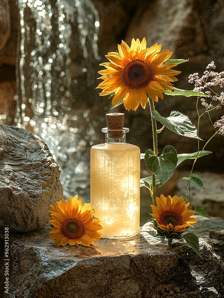 The product stands gracefully on a stone, with the rich layering of sunflowers and tea tree leaves accentuated by natural light. The product stands gracefully on a stone, with the rich layering of sunflowers and tea tree leaves accentuated by natural light.