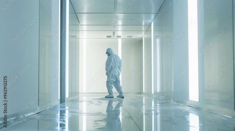 A person in protective gear walks through a sterile, brightly lit corridor with reflective surfaces, evoking a sense of meticulous isolation. A person in protective gear walks through a sterile, brightly lit corridor with reflective surfaces, evoking a sense of meticulous isolation.