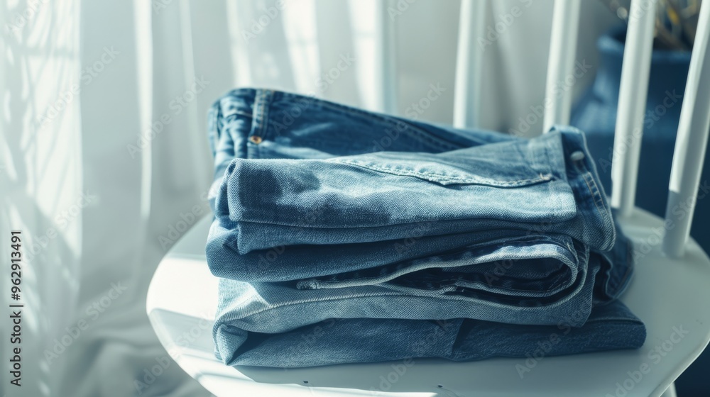 A neatly folded pair of blue jeans on a white wooden chair in a softly lit room, creating a sense of calm and organized simplicity. A neatly folded pair of blue jeans on a white wooden chair in a softly lit room, creating a sense of calm and organized simplicity.