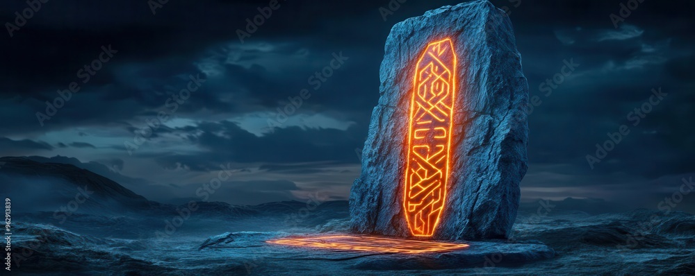 Alien monument with glowing runes, set against a dark sky, with eerie ...
