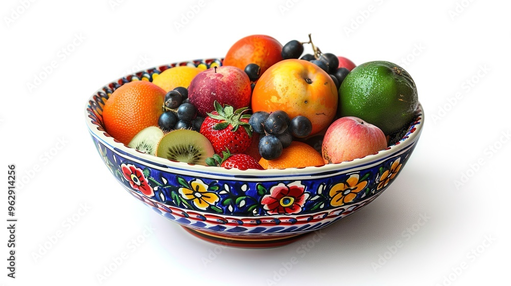 A colorful bowl of fruit with detailed textures on a pure white background. A colorful bowl of fruit with detailed textures on a pure white background.