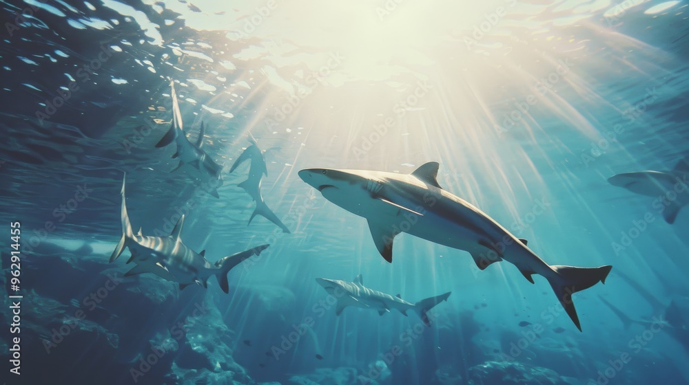 Fototapeta premium A group of sharks swim gracefully underwater, illuminated by the dappled sunlight filtering through the ocean surface, showcasing their sleek forms.