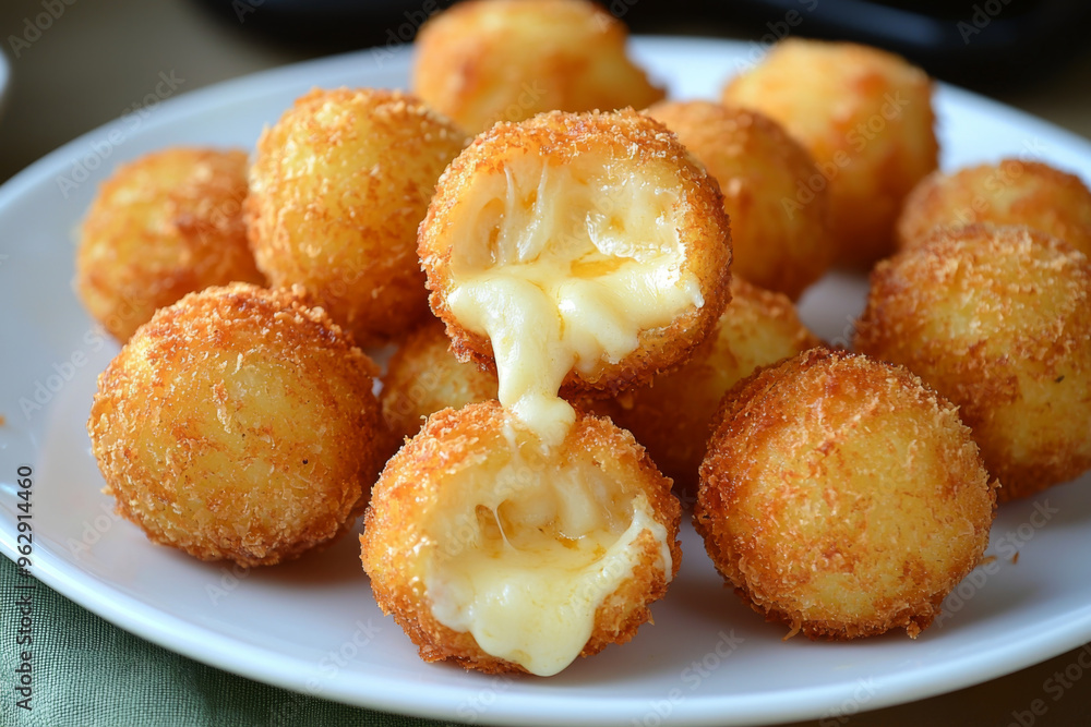 A plate of golden, crispy cheese balls with melted filling, perfect for snacking or sharing at gatherings. A plate of golden, crispy cheese balls with melted filling, perfect for snacking or sharing at gatherings.