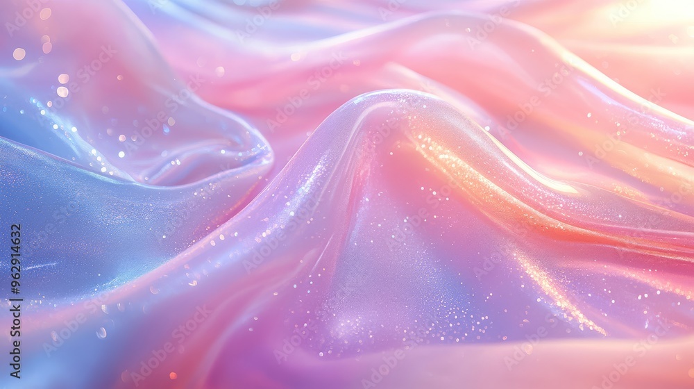 With a soft iridescent glow, the pastel pink, blue, and purple hues create shimmering folds, adding to the fabric’s luxurious and elegant texture. With a soft iridescent glow, the pastel pink, blue, and purple hues create shimmering folds, adding to the fabric’s luxurious and elegant texture.