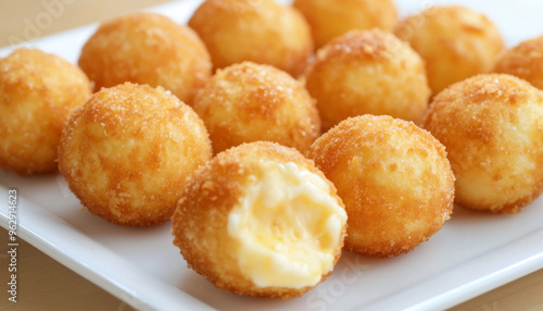 A plate of golden, crispy cheese balls, some with a gooey, melted center, perfect for snacking or appetizers.