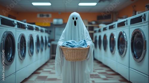 Ghost holding a basket of clothes in a brightly lit laundromat photo