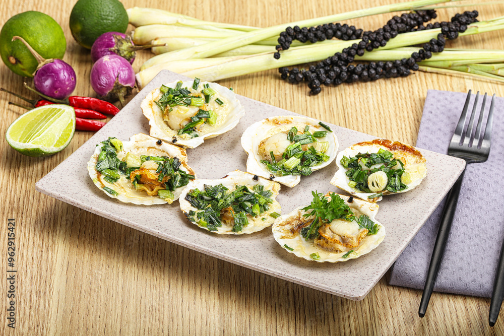 Grilled scallops with green onion Grilled scallops with green onion