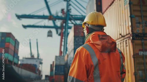 Medium close-up of a dock worker loading shipping containers onto a large cargo ship with a crane in the background.