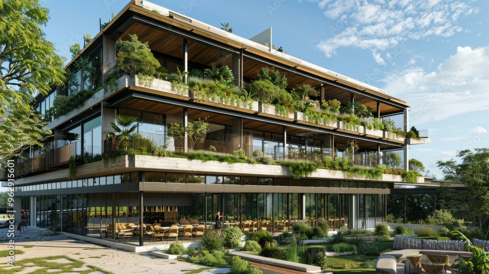 Lush green eco-building with layered terraces covered in plants, set against a bright blue sky, reflecting sustainable design and innovation in architecture. Lush green eco-building with layered terraces covered in plants, set against a bright blue sky, reflecting sustainable design and innovation in architecture.
