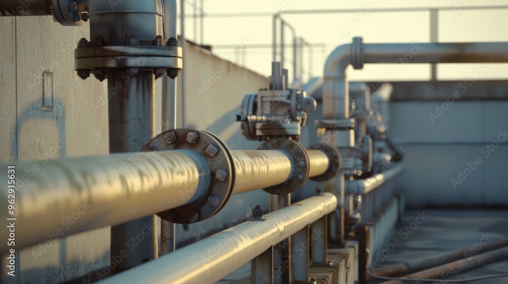 Metal pipelines snake through an industrial setting bathed in morning light, illustrating the intricate network essential to urban infrastructure. Metal pipelines snake through an industrial setting bathed in morning light, illustrating the intricate network essential to urban infrastructure.