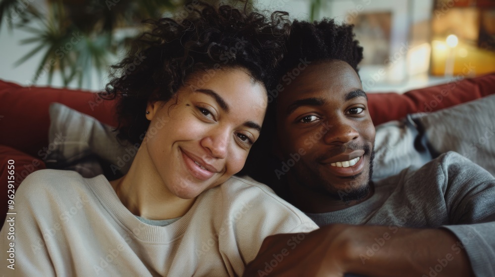 A happy couple smiles warmly while sitting close together on a cozy red sofa, exuding comfort and happiness. A happy couple smiles warmly while sitting close together on a cozy red sofa, exuding comfort and happiness.