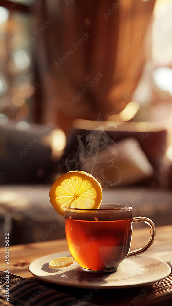 Hot Tea with Lemon Slice in Warm and Cozy Setting Hot Tea with Lemon Slice in Warm and Cozy Setting